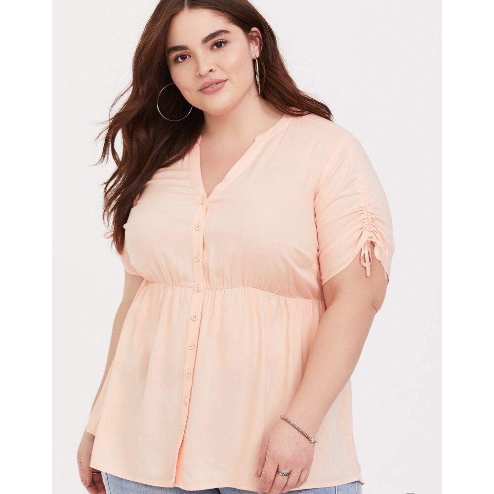 Torrid Plus 1X Babydoll Challis Tie Sleeve Top in Peach Mimosa